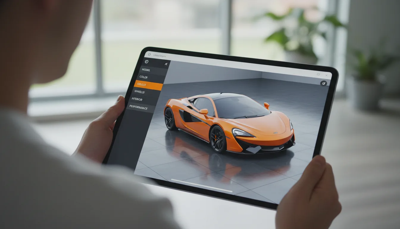 DSLR photograph from an over-the-shoulder perspective, a person is holding a large black tablet computer. The scene is lit with soft, natural daylight, creating a shallow depth of field with the person's shoulder slightly blurred in the foreground. The tablet screen is in sharp focus, displaying an Unreal Engine web deployment of a car configurator. The UI is a clean light mode design with a dark sidebar on the left containing a vertical list of menu options, one highlighted in a vibrant orange. The main content area shows a photorealistic 3D render of an orange McLaren 570S sports car on a dark tiled studio floor, viewed from a high three-quarters angle.