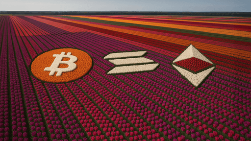 Digital illustration of Bitcoin and Ethereum symbols on a futuristic red background.