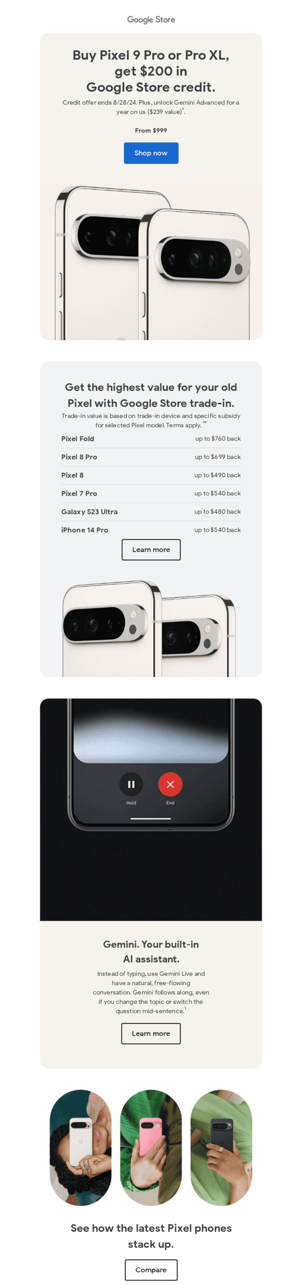 "Google Pixel 9 Pro promotion email offering $200 store credit, highlighting trade-in values for various phones, and showcasing Pixel's Gemini AI features with an option to compare models."