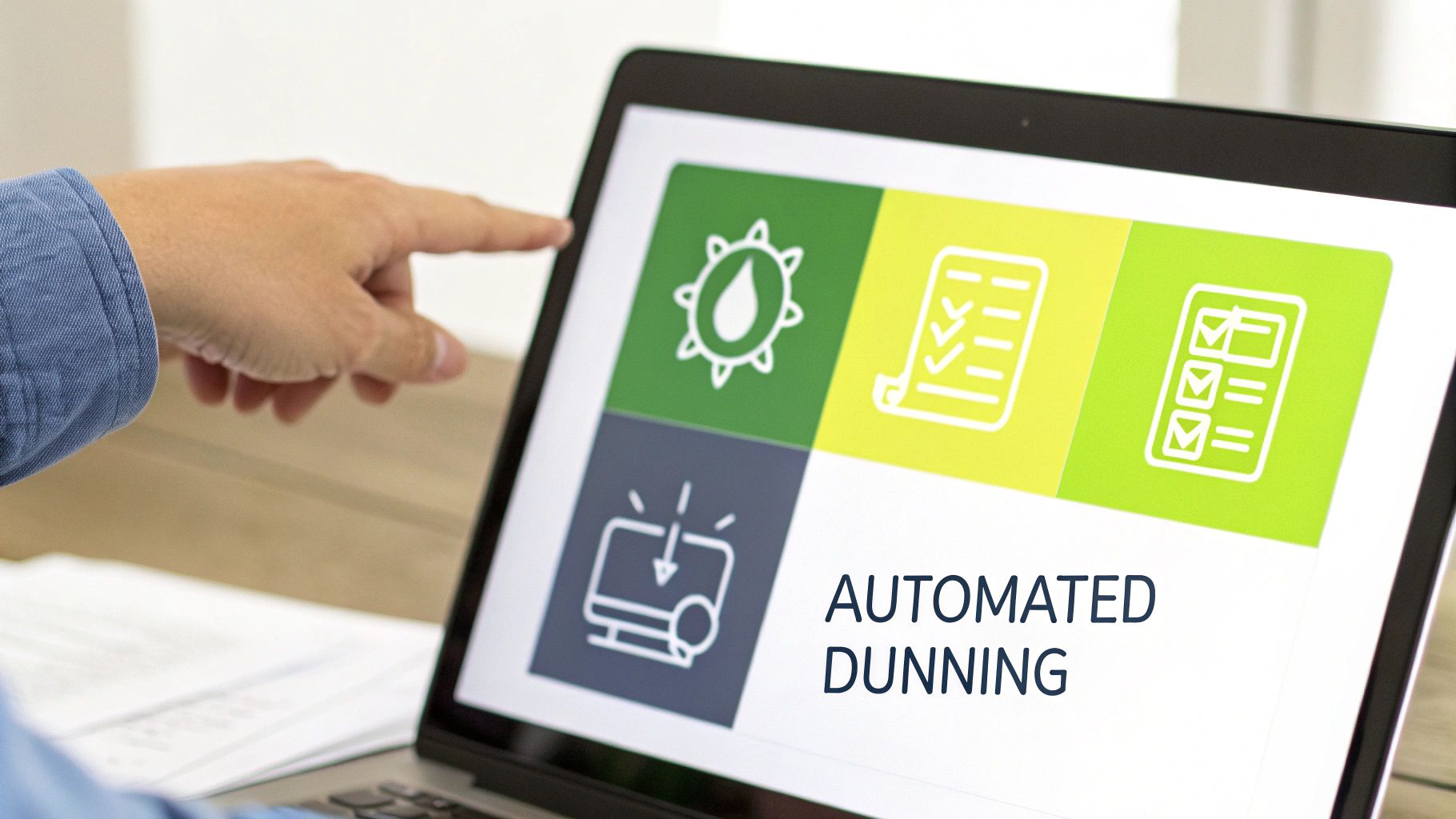 Person's hand pointing at a laptop screen displaying 'Automated Dunning' with process icons.