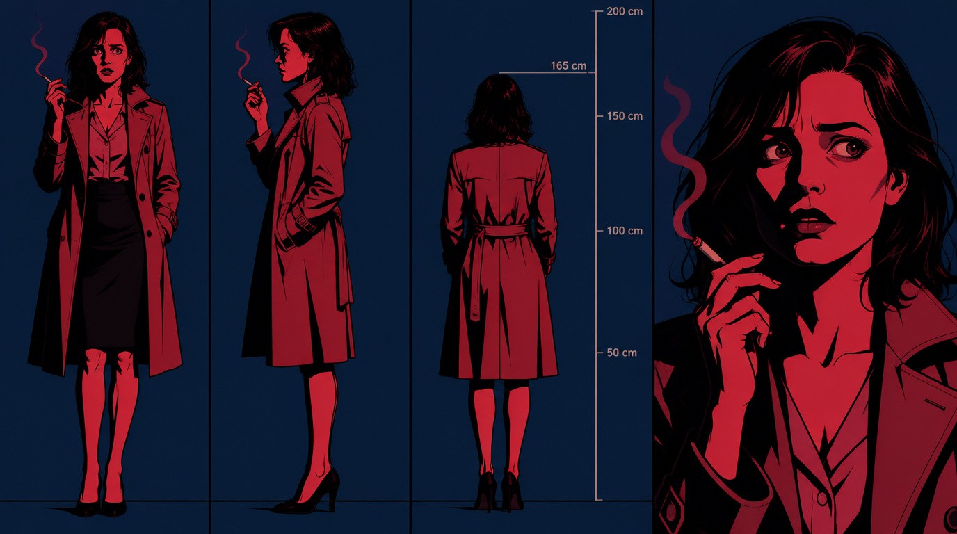 Iris Crane character sheet in a pale trench coat holding a cigarette