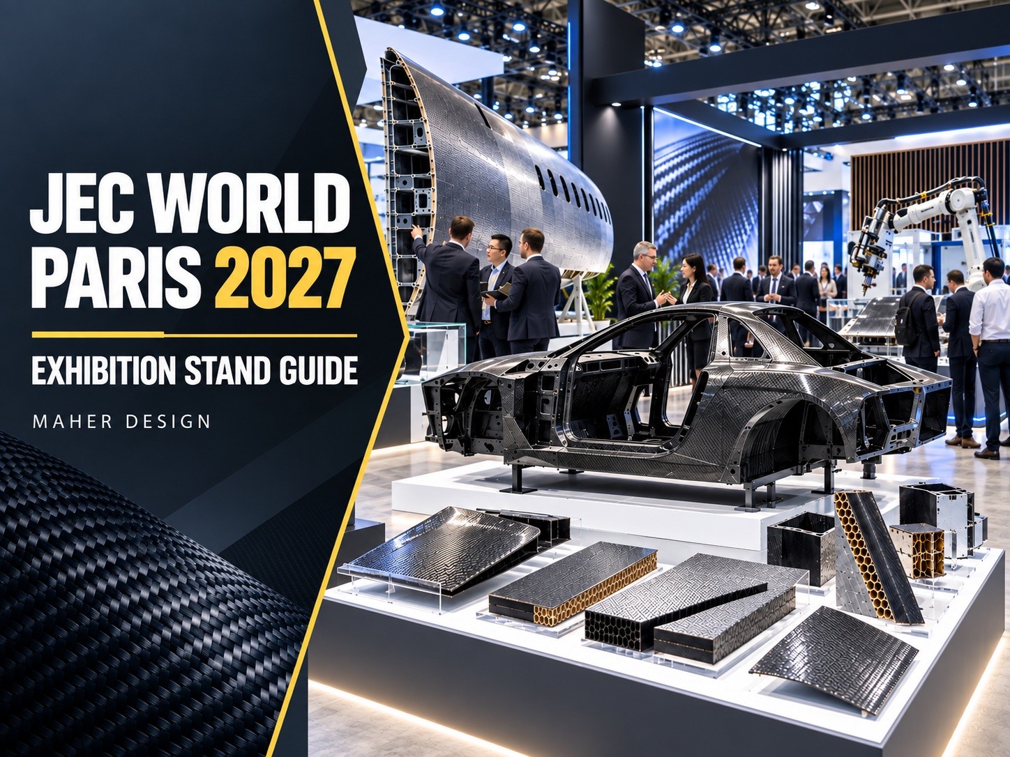 JEC World Paris 2027 exhibition stand guide featuring a carbon-fibre vehicle structure, composite panels and technical buyers.