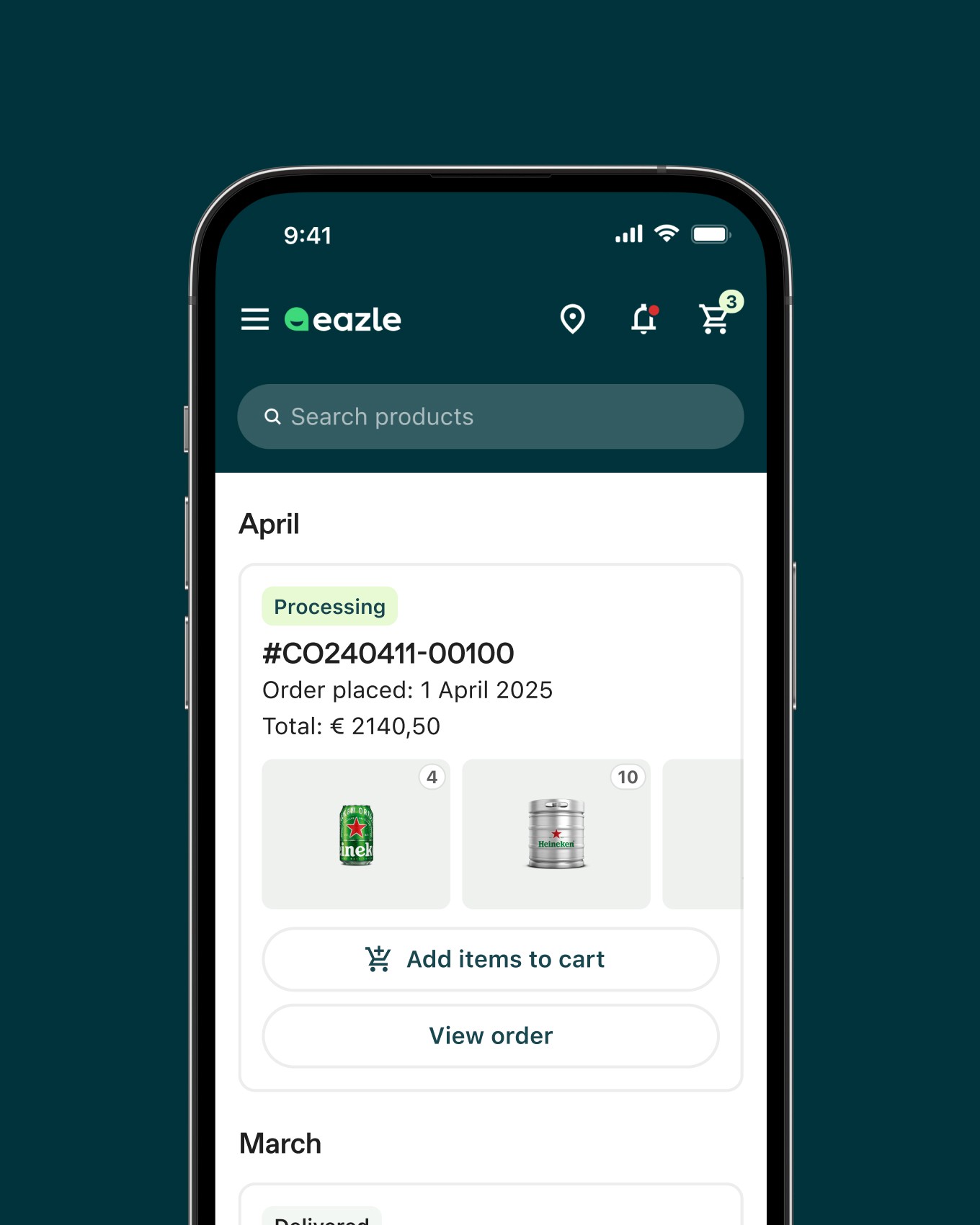 Mobile app showing previous orders