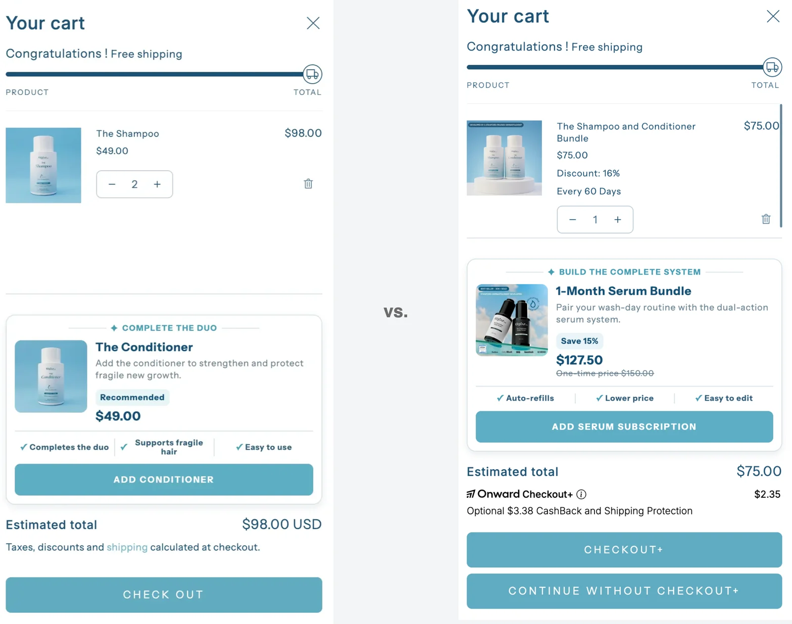 Cart drawer test: control with a plain Check Out button versus variant with an Onward Checkout+ shipping protection offer, a CHECKOUT+ button and a Continue Without Checkout+ opt-out link