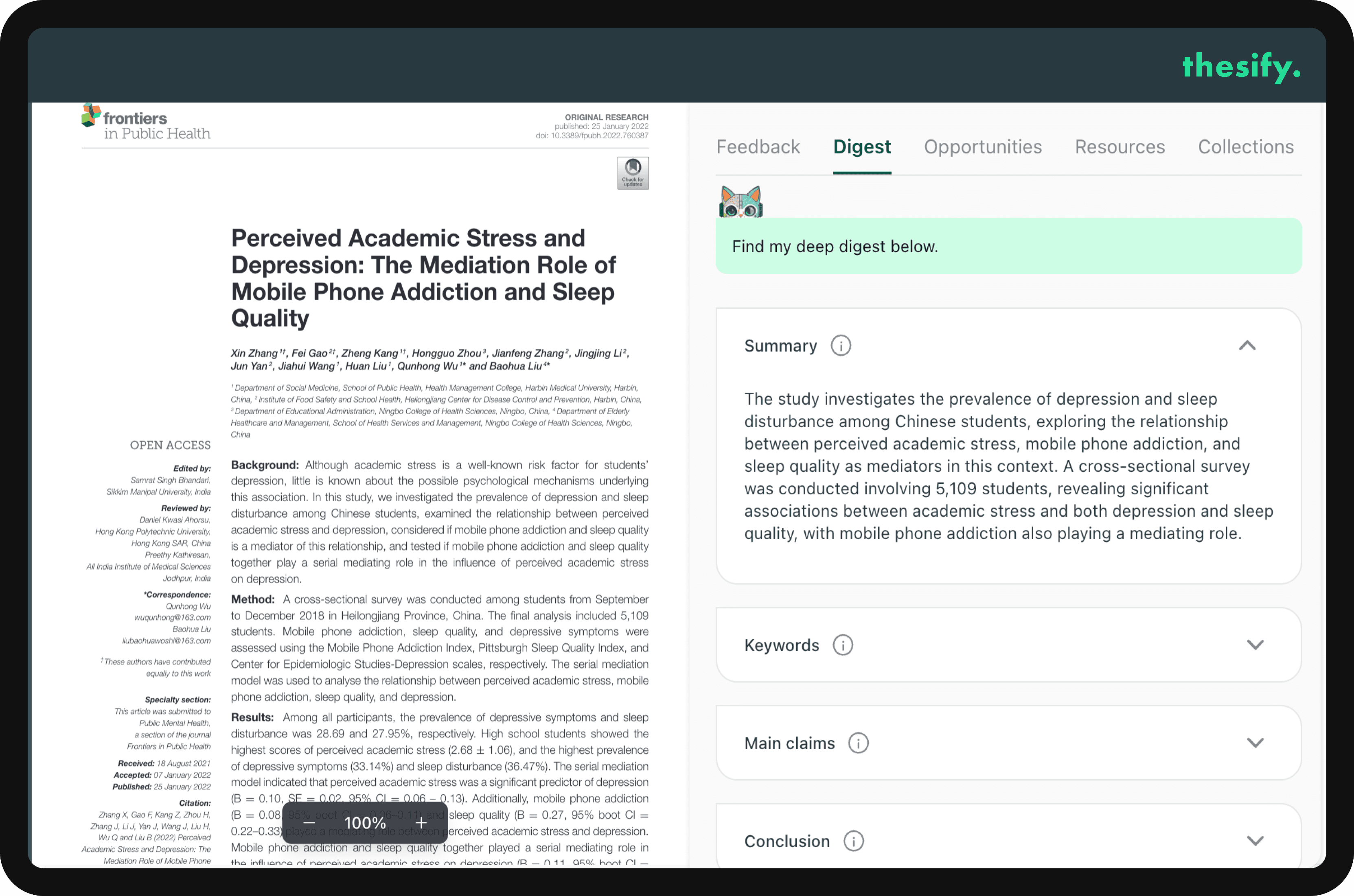 The Thesify app shows a scientific paper alongside a Digest tab with a summary and key points