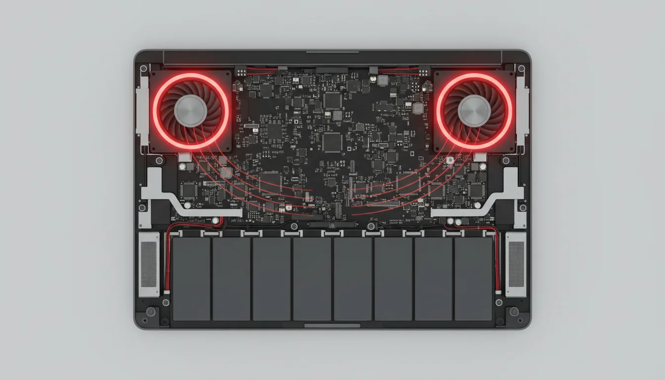 3D product render of the internal components of a modern MacBook Pro laptop, top-down symmetrical view, featuring a dark matte black motherboard and rectangular battery cells. The two prominent circular cooling fans have metallic centers and are illuminated with glowing red rings, with thin red motion lines illustrating airflow. The scene is lit with soft global illumination against a clean, minimalist light grey studio backdrop.