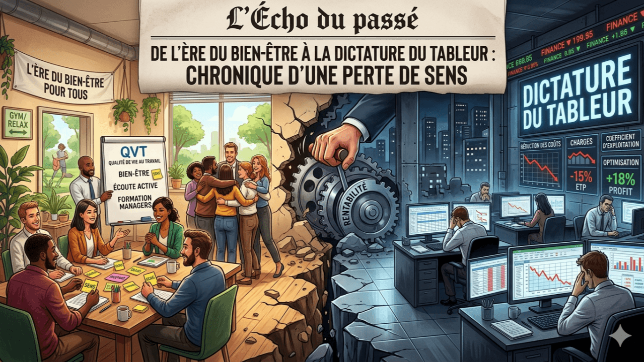Illustration montrant une équipe bienveillante d'un côté et des écrans de tableaux financiers de l'autre, séparés par une main pointant un engrenage brisé
