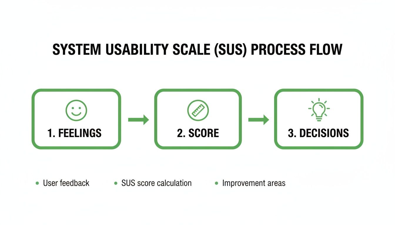 A process flow diagram illustrating the System Usability Scale (SUS) from feelings to decisions.