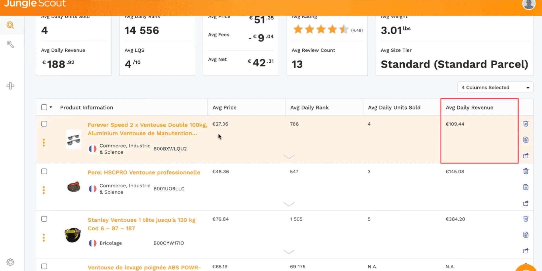 Résultats du Product tracker pour les ventouses professionnelles