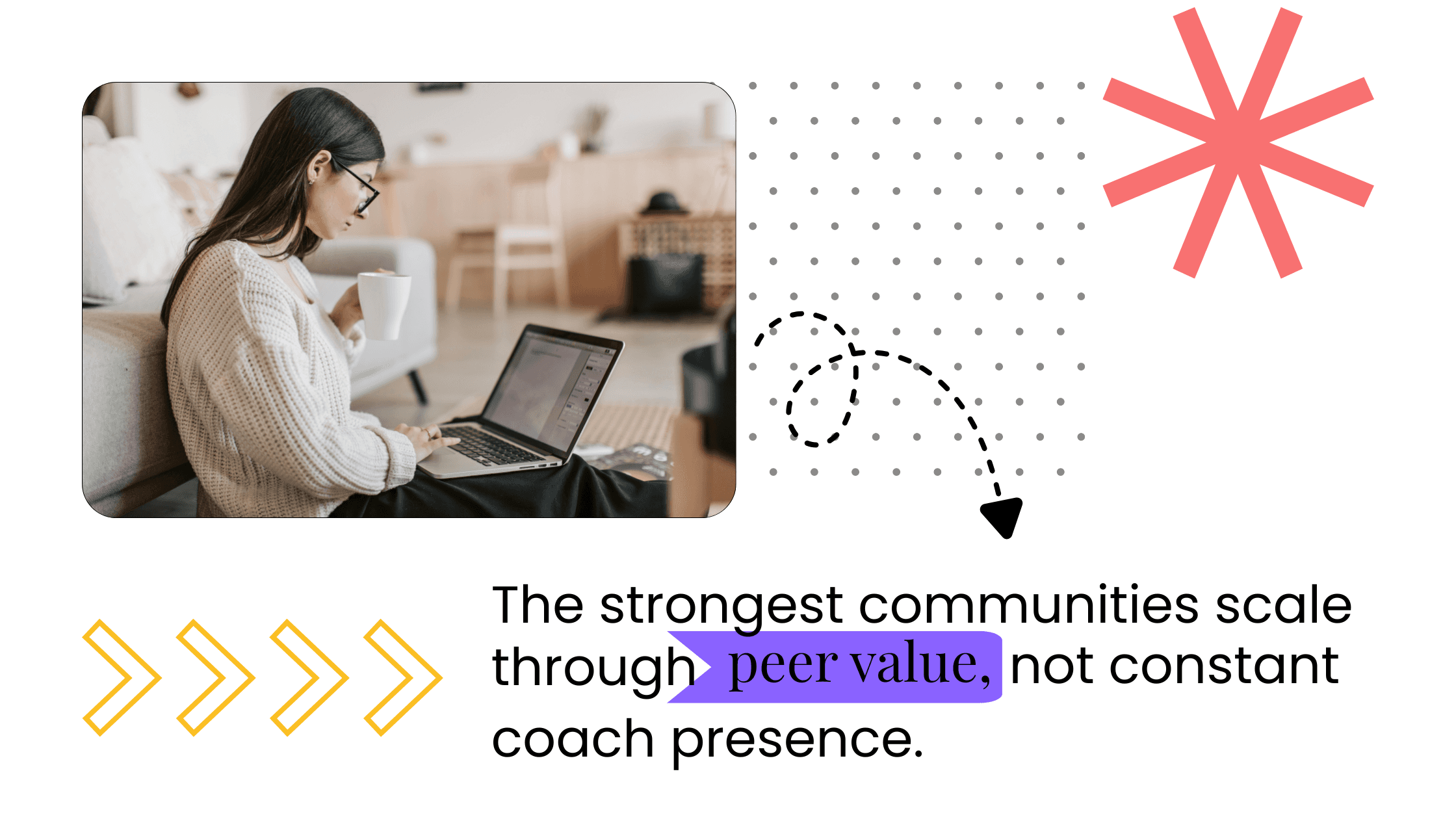 Coach working alone on a laptop, representing how communities fail to scale when growth depends only on coach effort, not peer value.