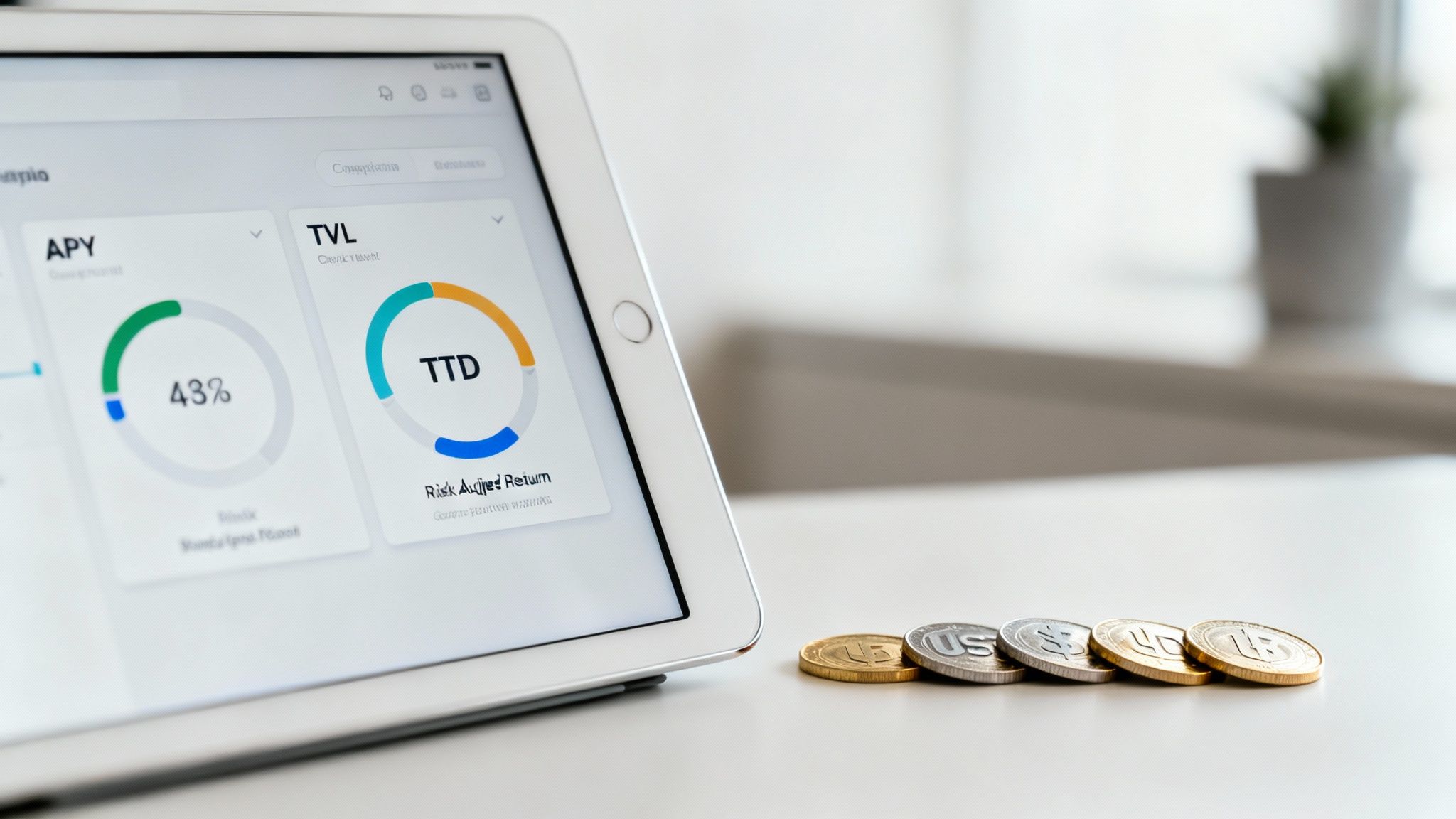 A tablet displays a financial dashboard with APY and TVL metrics, including TTD, next to gold and silver coins.