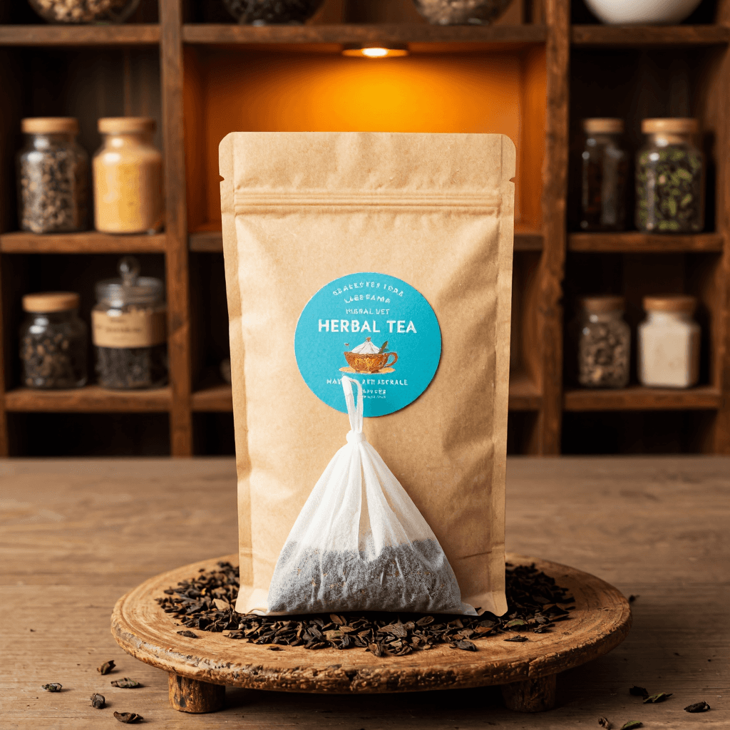 product photography of a bag of herbal tea with a tea bag