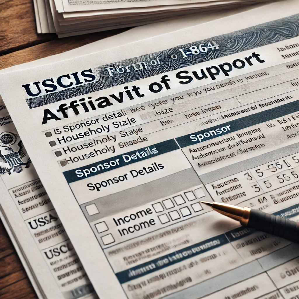 A partially filled USCIS Form I-864 Affidavit of Support, highlighting the fields where sponsors provide income and household size information.