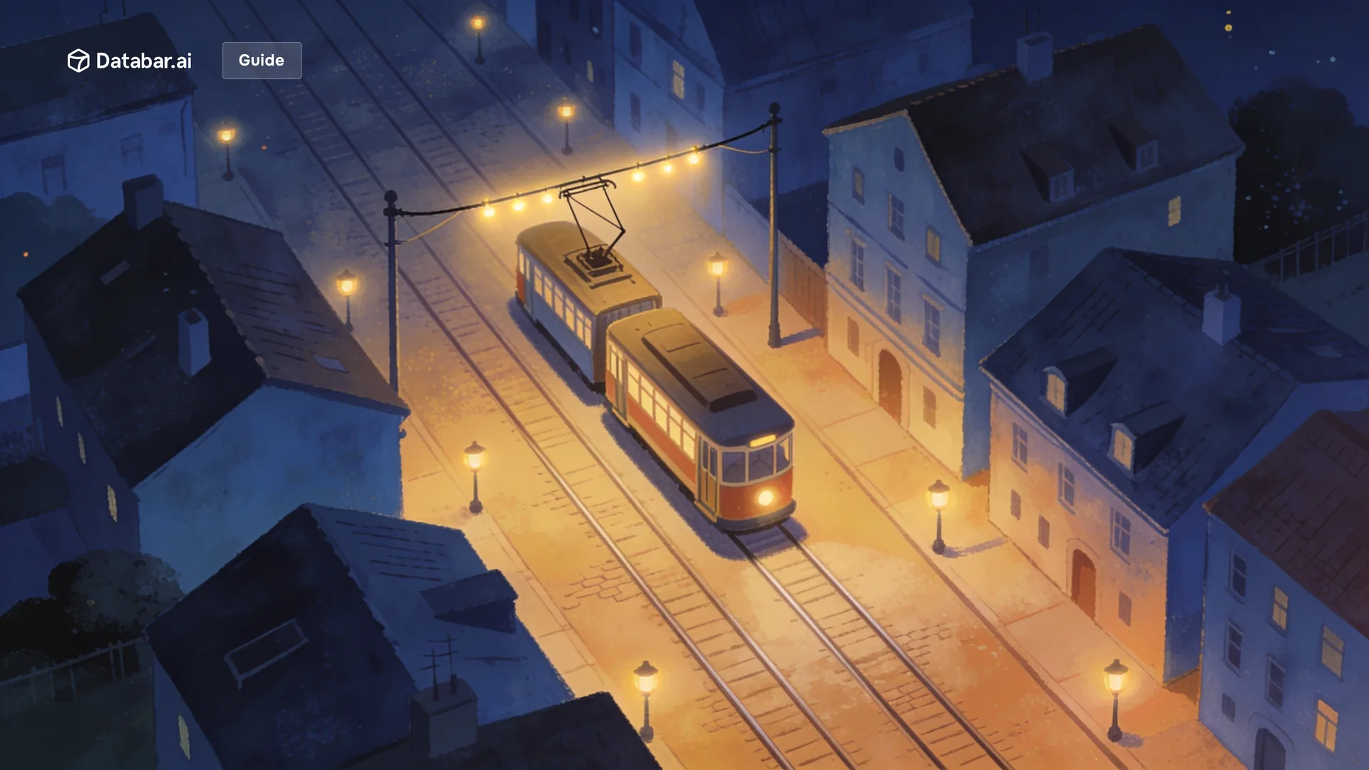 Real-time data enrichment APIs, illustrated as a tram running at night, drawing power continuously from a lit overhead wire