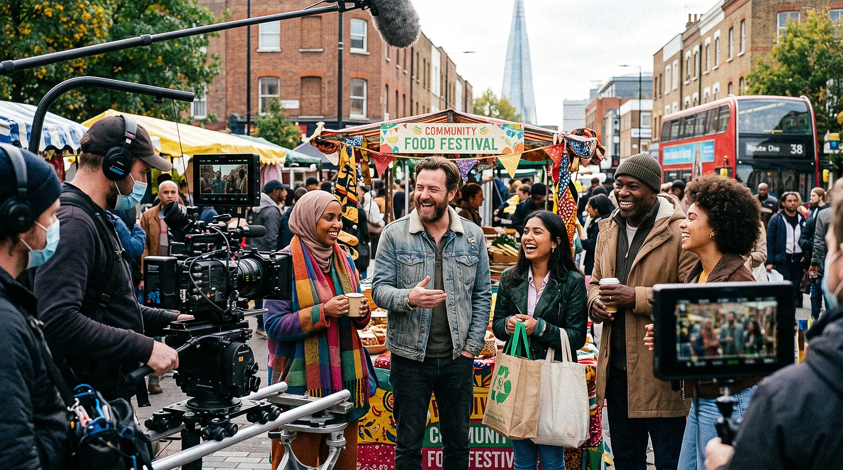 Diverse cast filming Community Food Festival ad on London street with film crew and boom mic