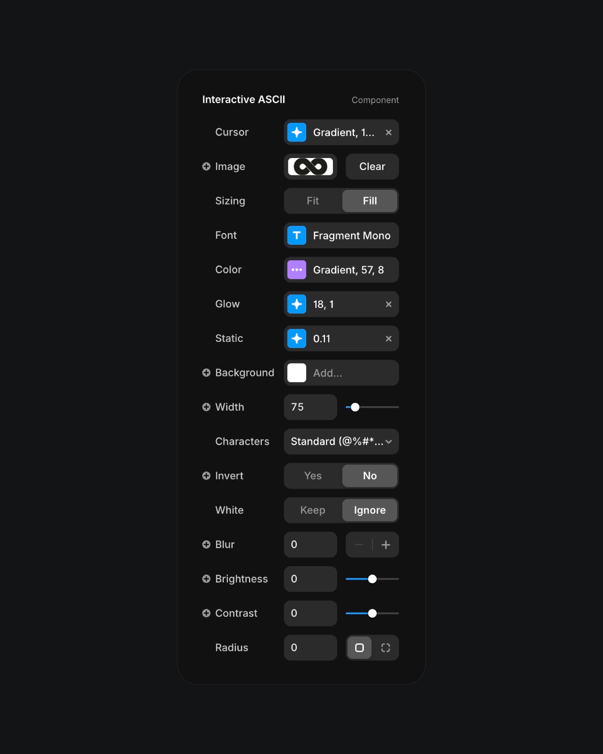 Interactive ASCII component settings panel with customization options