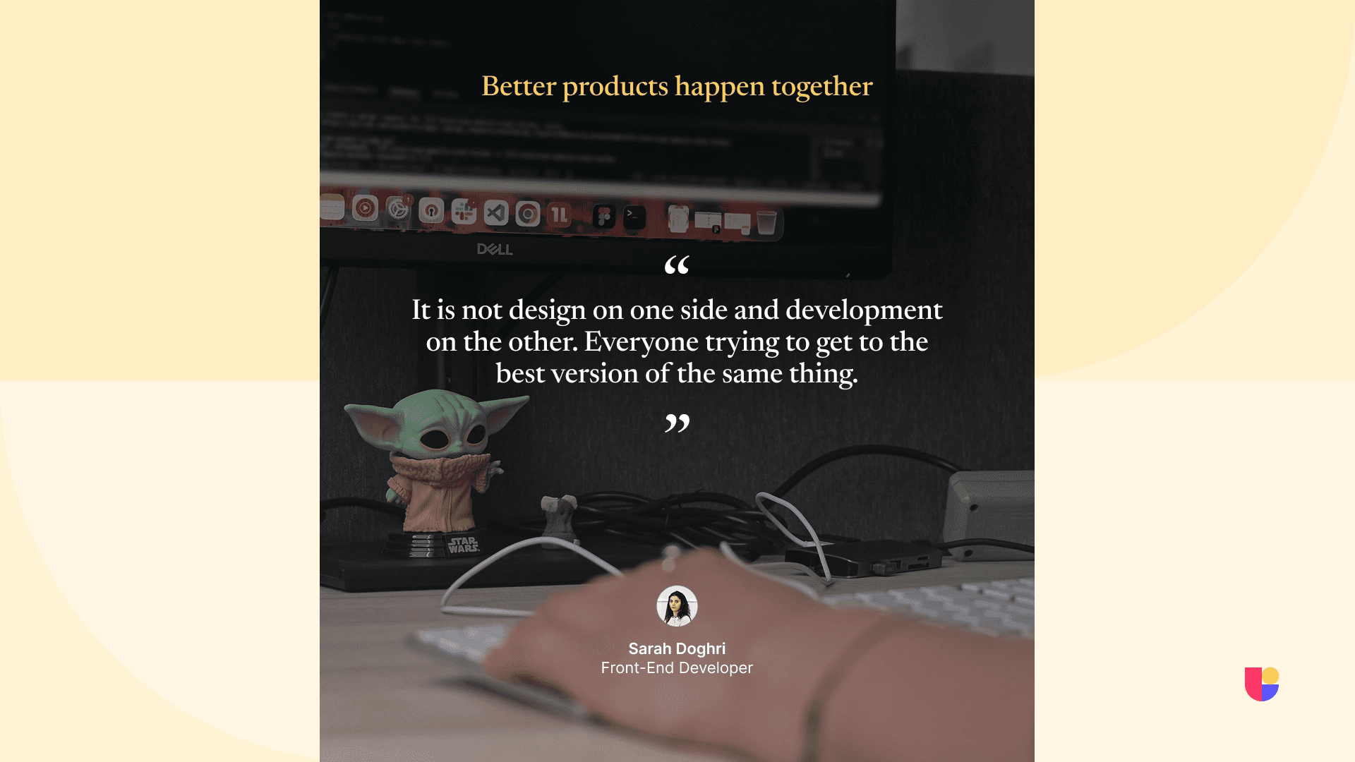 This quote banner from Sarah focuses on collaboration between design and development teams at Useberry.