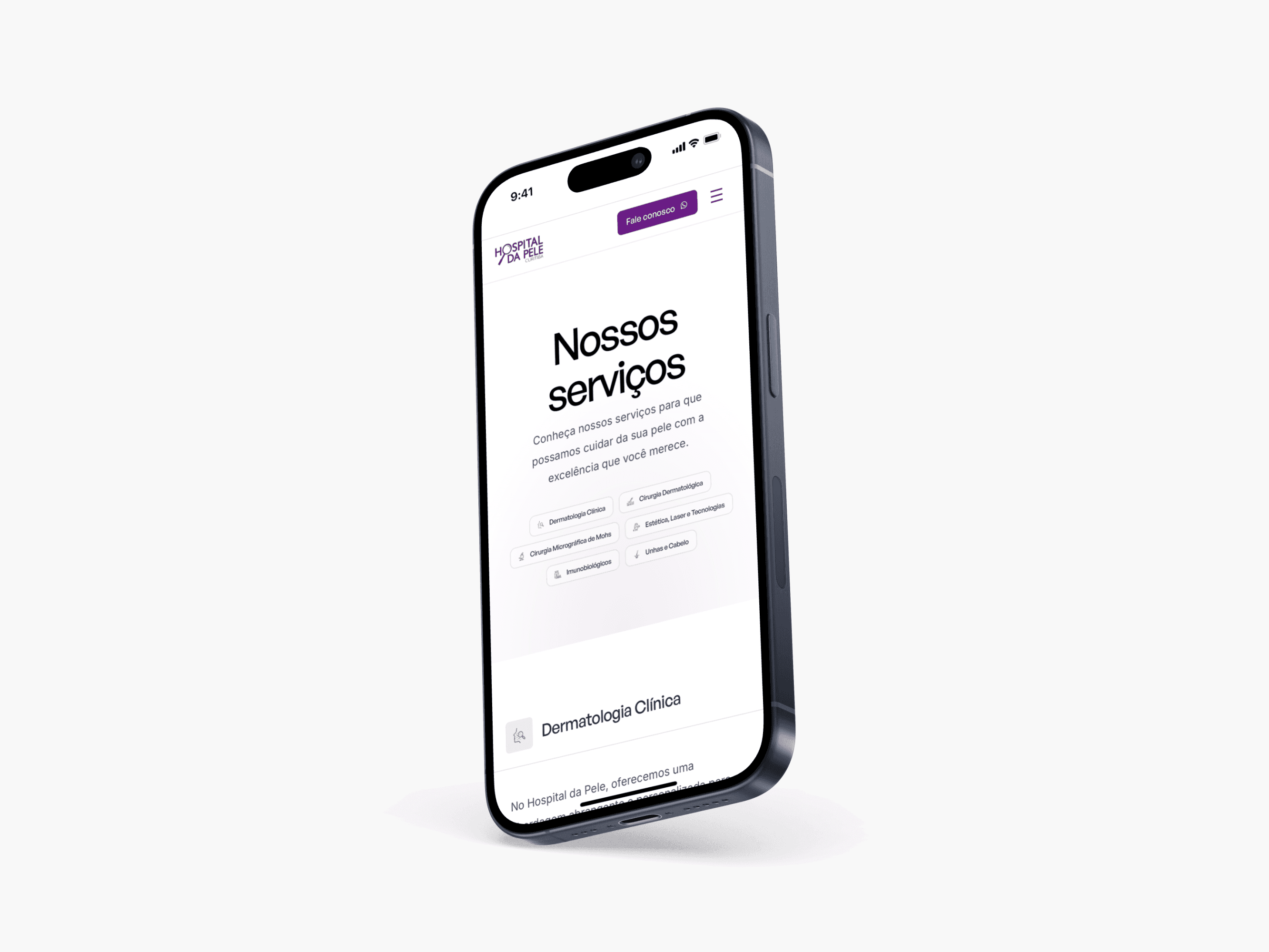Mockup mobile da página serviços do Hospital da Pele Curitiba.