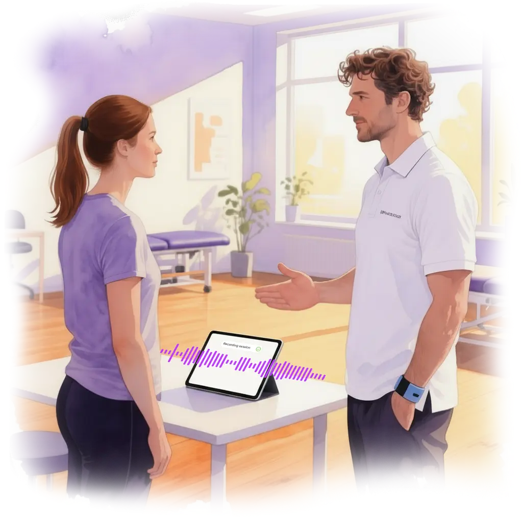 A physiotherapist is talking to his patient, helping her, and recording the session in the background. He is running a laptop, taking notes, and creating AI documents, treatment plans, and summaries.