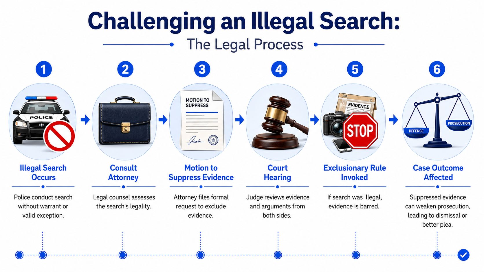 A six-step infographic illustrating the legal process for challenging an illegal search in a court of law.