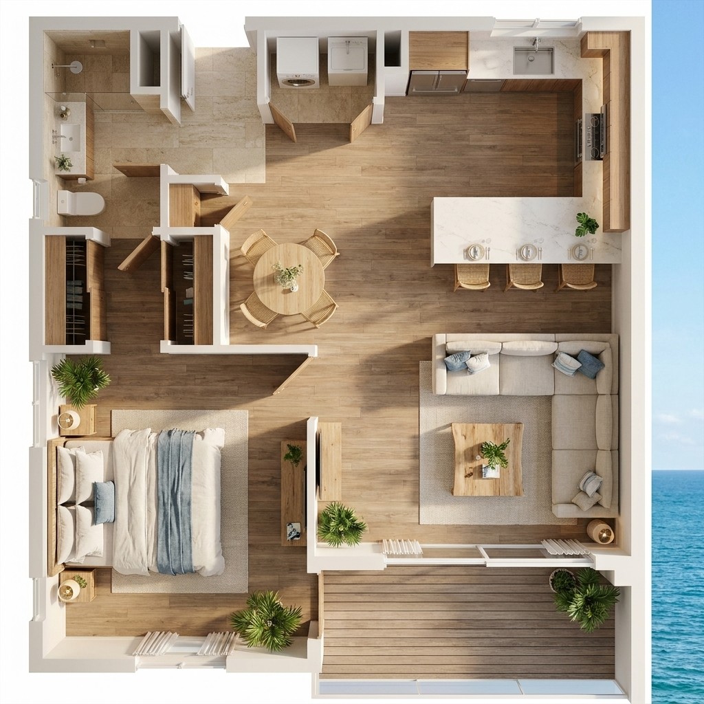 Floor plan of a modern apartment featuring multiple rooms, including a living area, kitchen, and bedrooms.