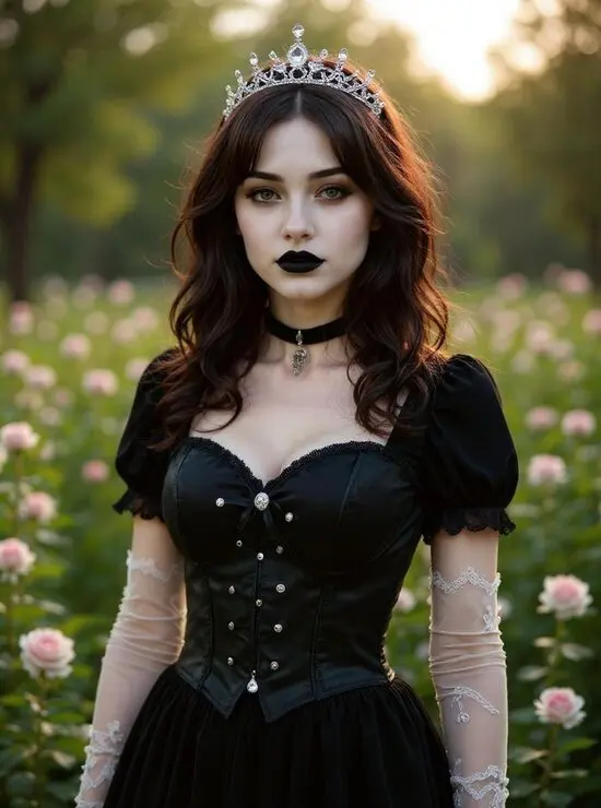 Goth AI girl with pale skin and jeweled corset in rose garden