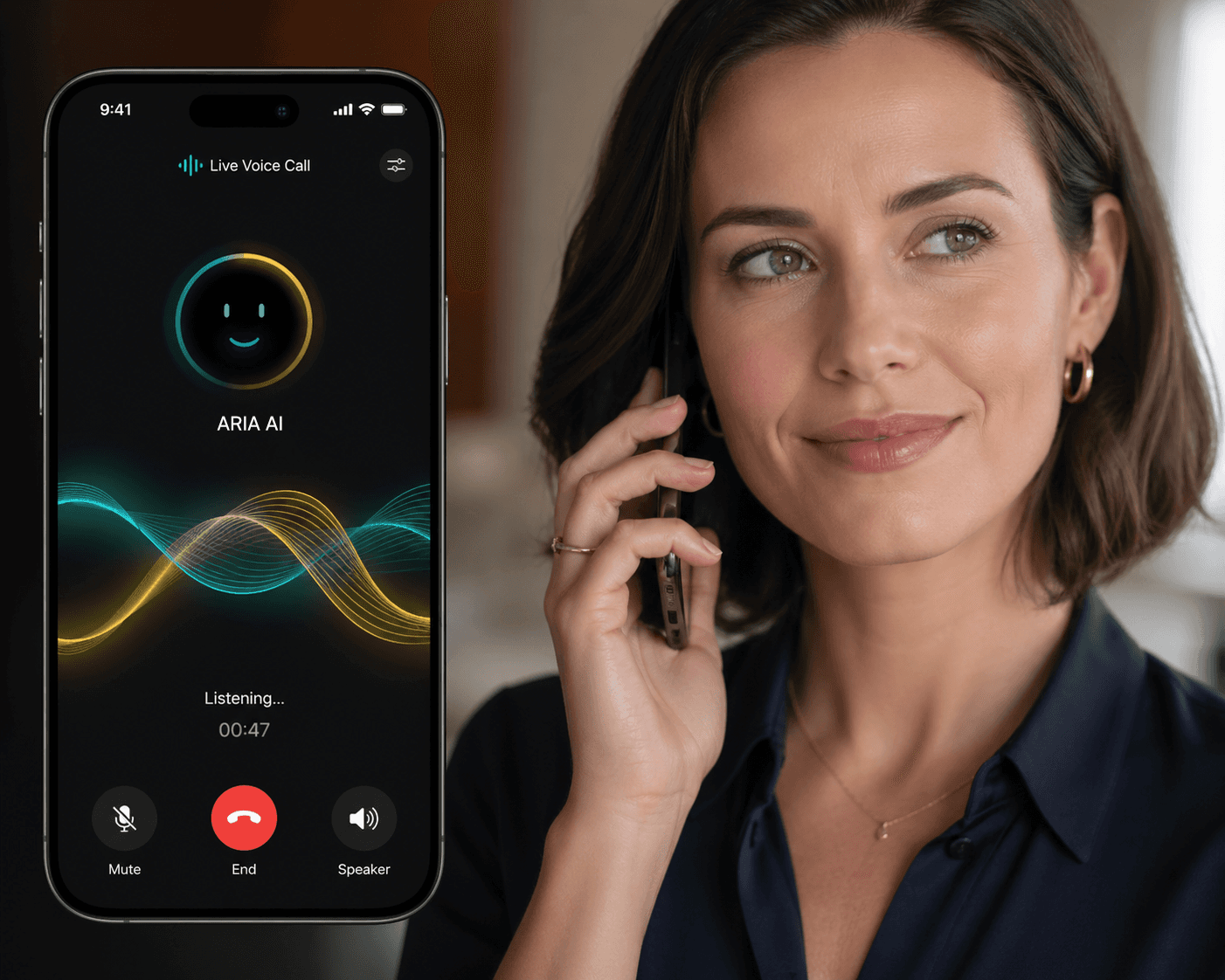 A lady On a call With an ai chat bot looking happy Because she feels satisfied with her Query being solved