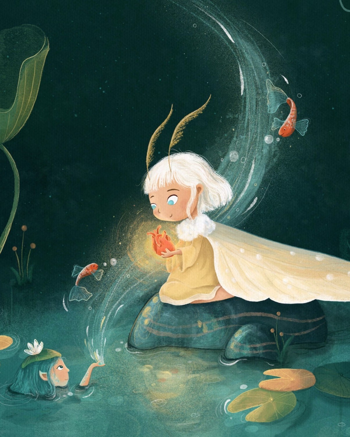 A moth fairy receiving a glowing magical heart from a water goddess beside a lake at night.