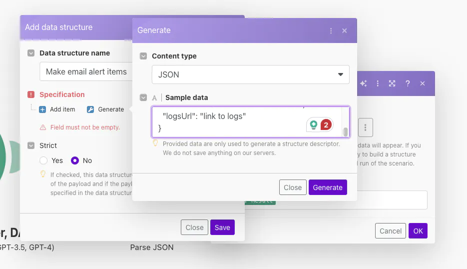 Make.com JSON parser configuration for email alerts: data structure setup with sample JSON input