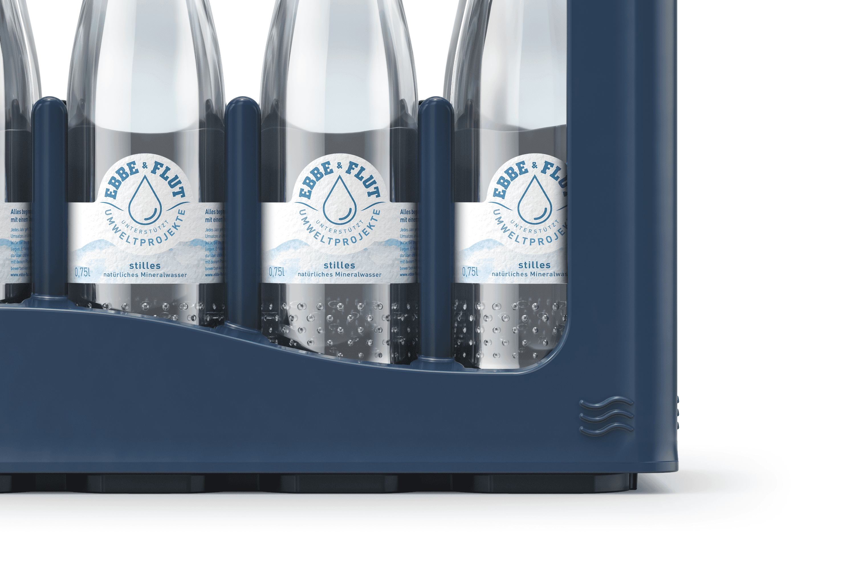 Bottles of "Ebbe & Flut" natural mineral water in carrier.