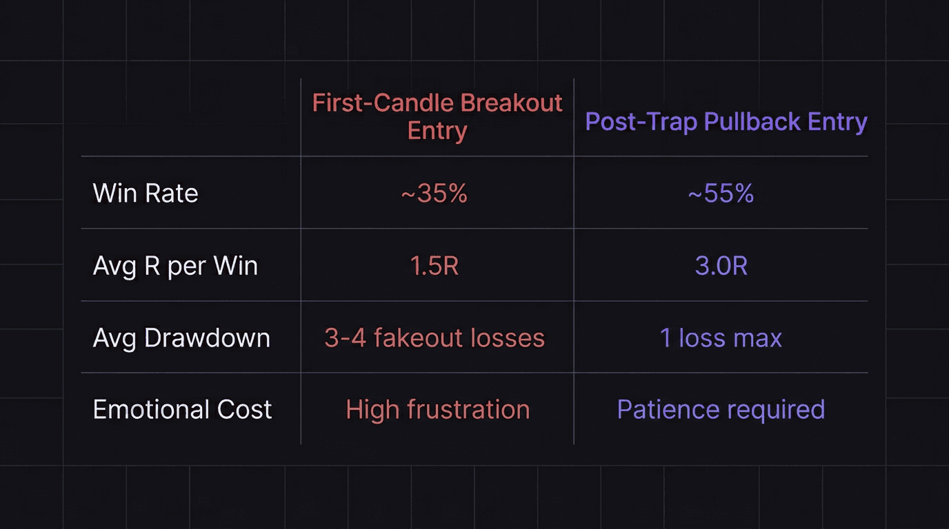 Comparison table of premature breakout entry versus post-trap entry showing win rate, average R, and drawdown differences