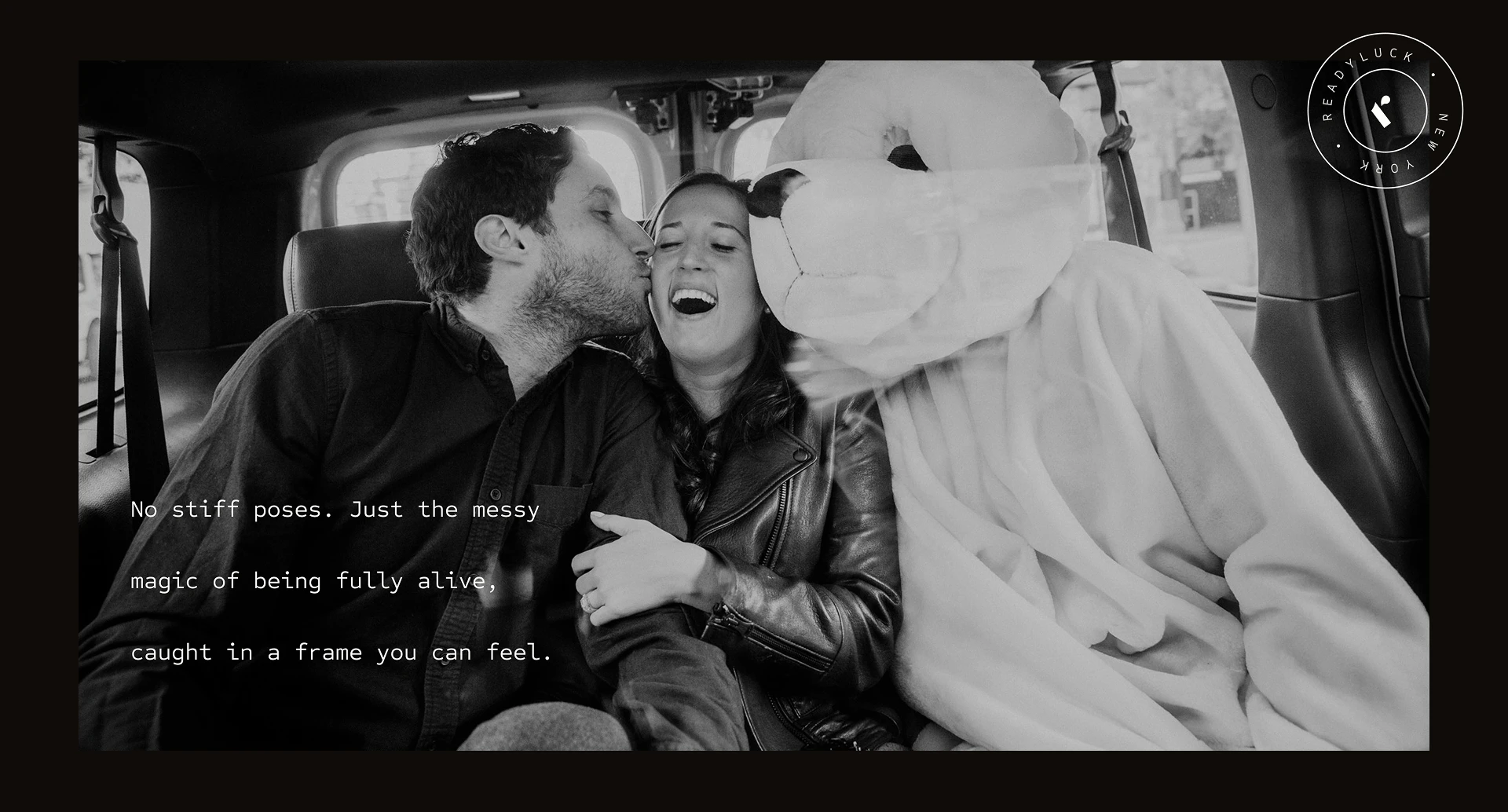 Readyluck website with joyful wedding photography and editorial typography.