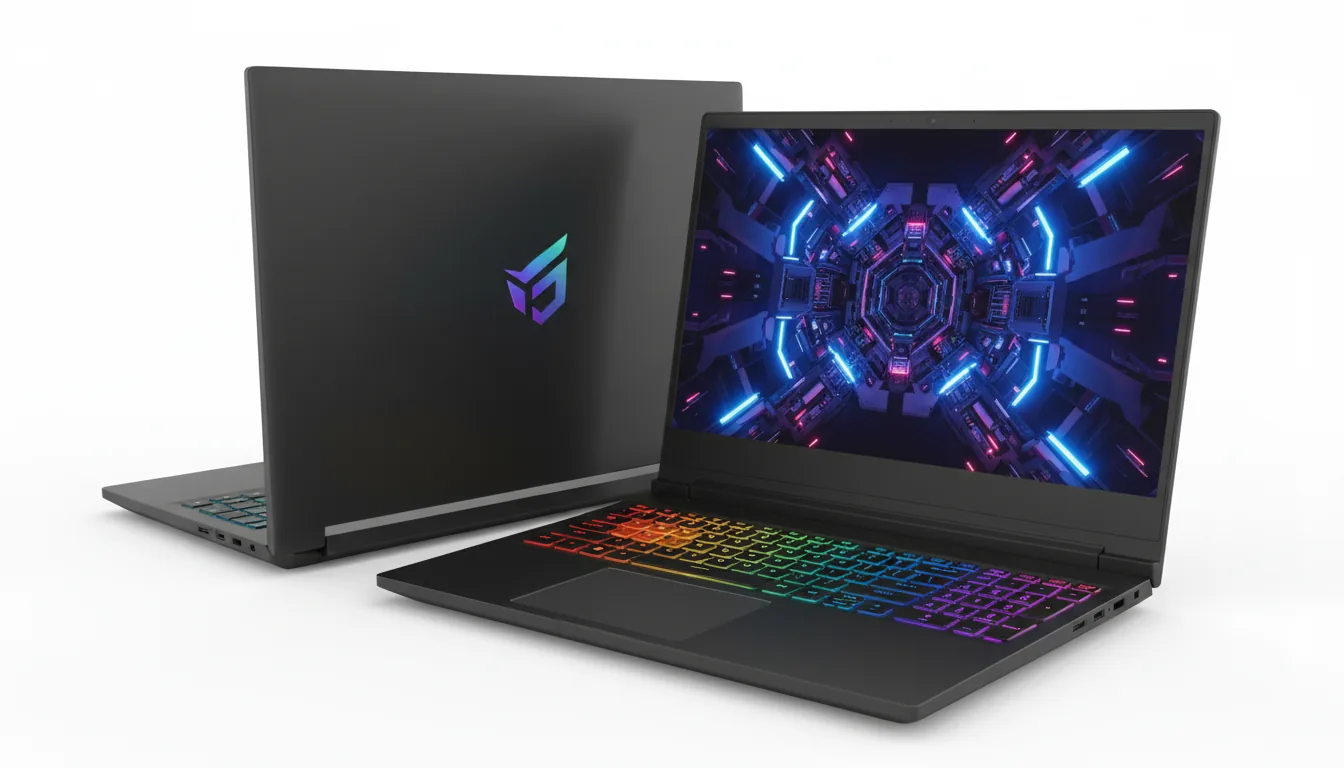 DSLR product photography of two identical high-performance laptops with a matte black chassis, isolated on a stark white studio background. The foreground laptop is open, angled towards the viewer, showcasing its full RGB rainbow-backlit keyboard. Its screen displays a vibrant, complex abstract wallpaper of futuristic mechanical parts with glowing neon blue and purple light. A second identical laptop is positioned behind the first, closed, with its lid featuring a modern, stylized iridescent logo. Soft studio lighting, sharp focus throughout the entire image.