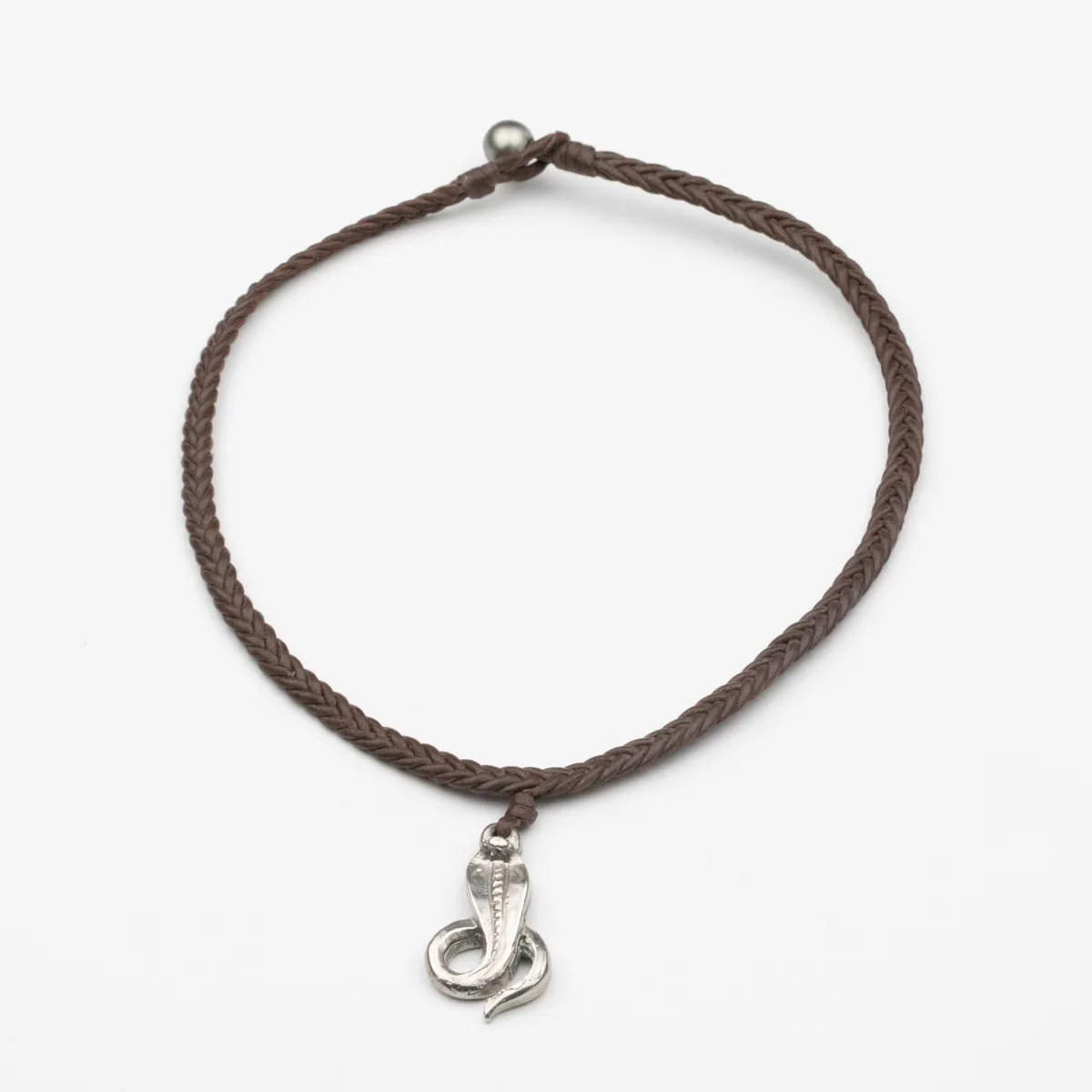 Silver cobra pendant with Tahitian Pearl on brown braided leather choker necklace — Manos de Oro Saint Barth