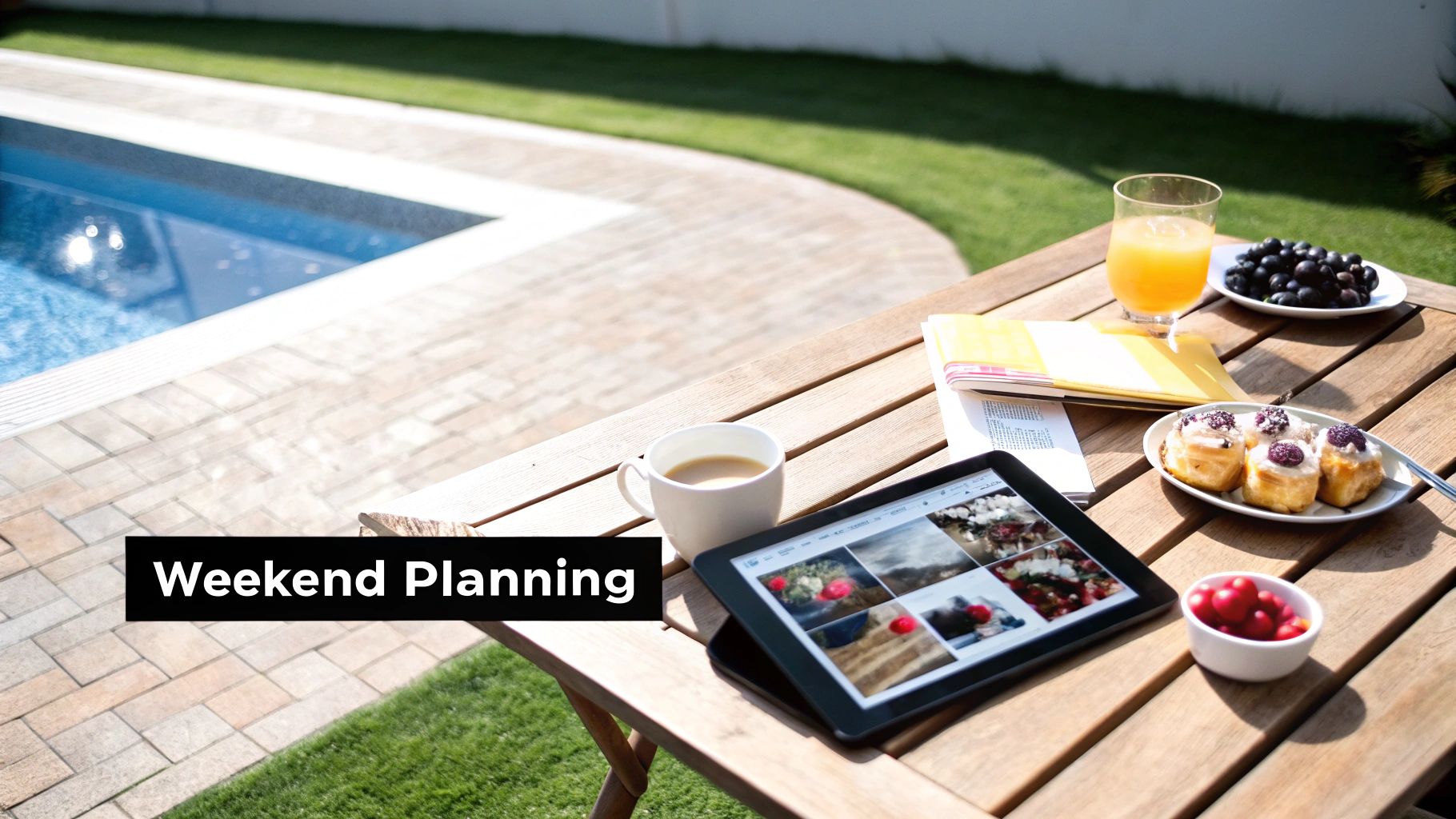 A relaxing outdoor scene with a wooden table, coffee, orange juice, pastries, and a tablet by a pool.