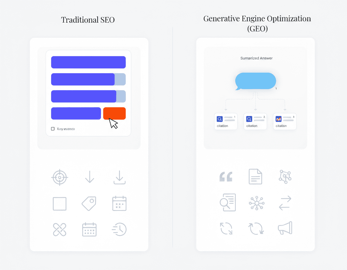 Side-by-side illustration contrasting traditional SERP links with AI answer citations to visualize SEO versus GEO.