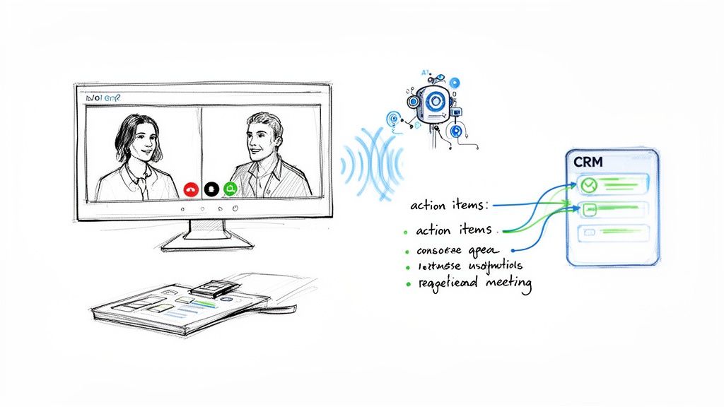 AI-powered note-taking during a video conference, transcribing action items directly into a CRM.