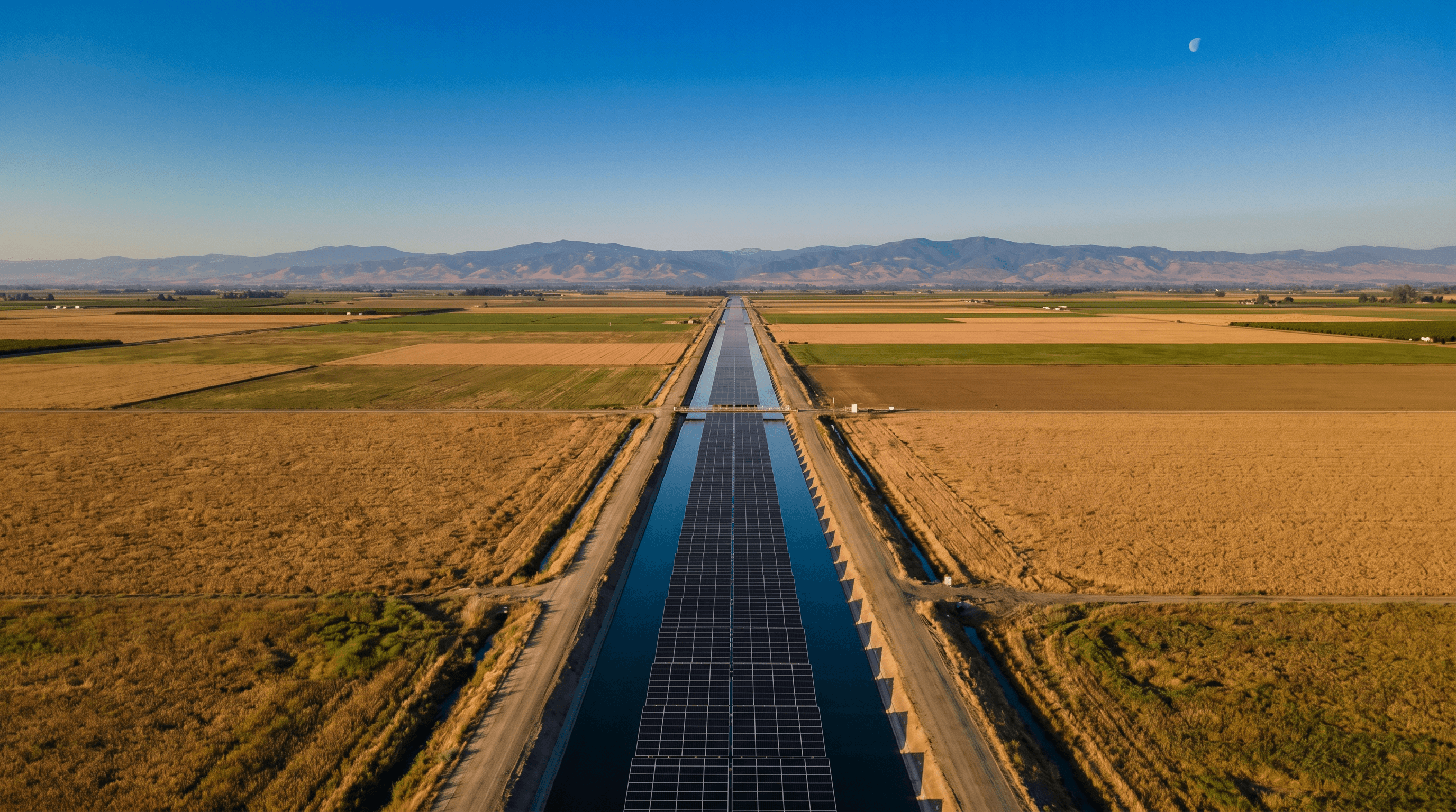 Aerial view of a Central California irrigation canal covered by rows of solar panels through farmland