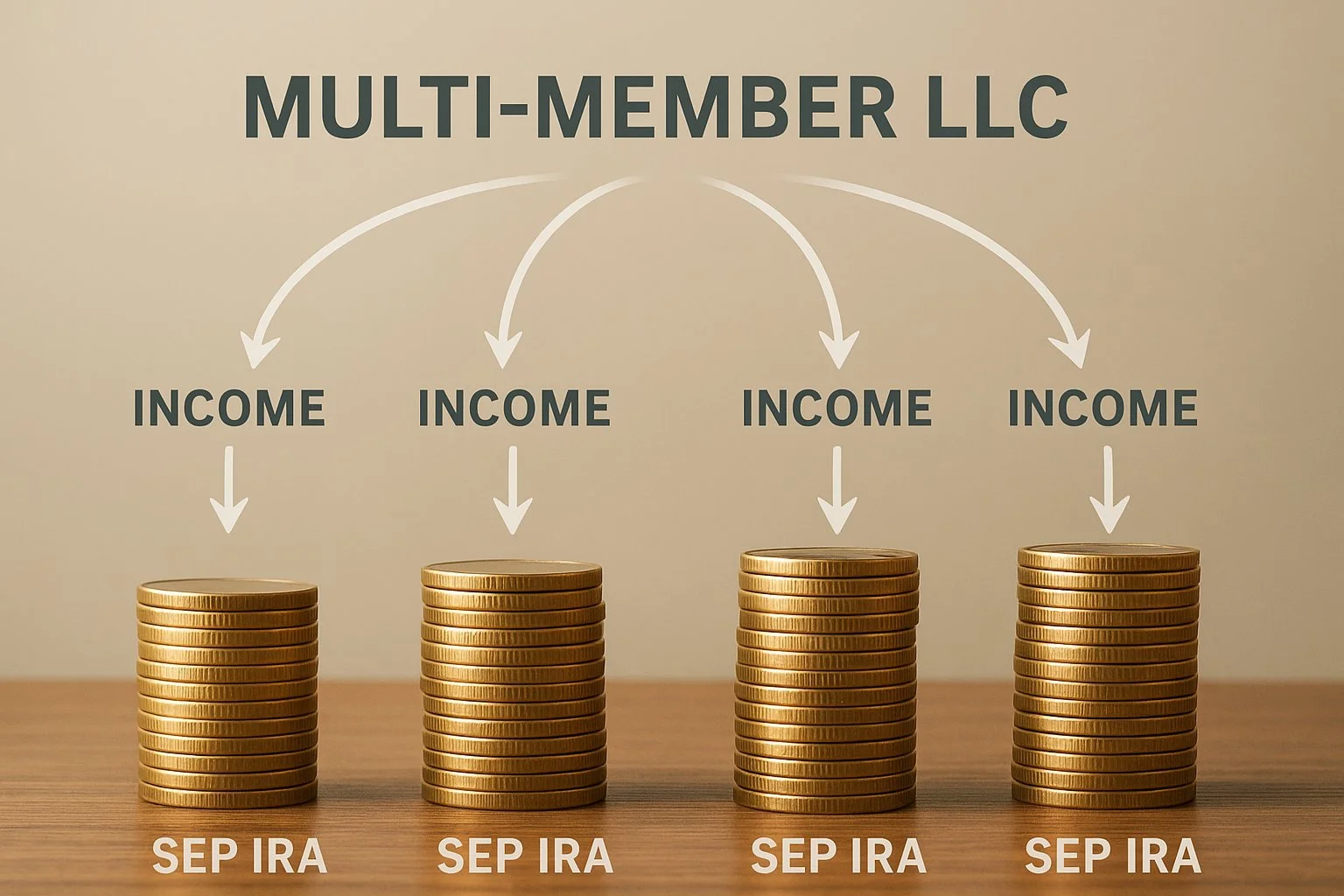 Illustration showing several income streams flowing into individual SEP IRA contributions, represented by separate stacks of coins for each member.