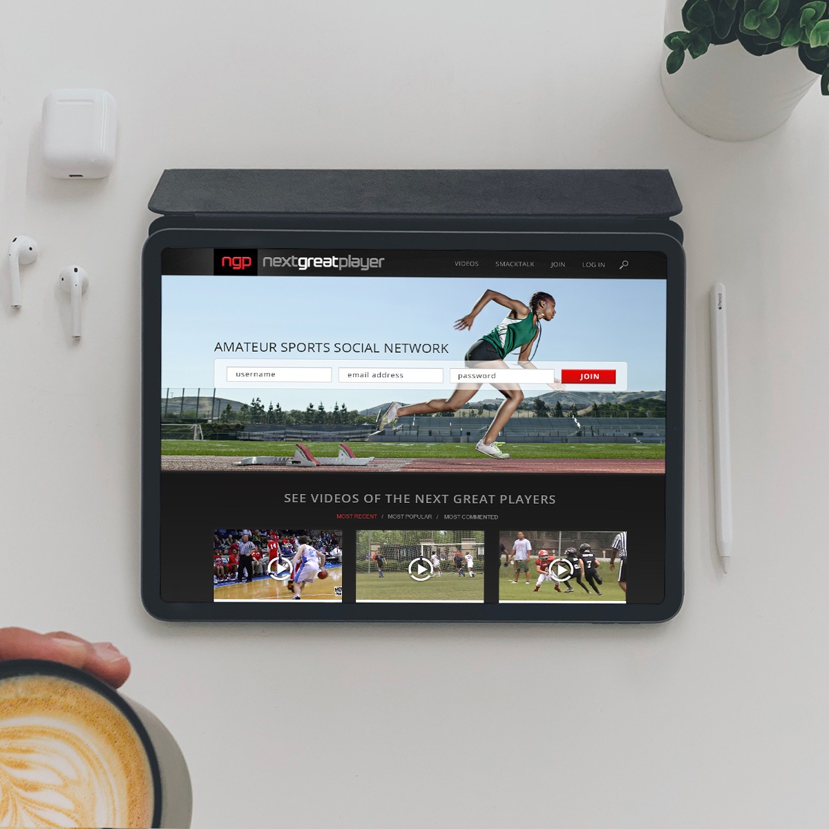 Tablet showing the Next Great Player homepage with a runner and video thumbnails of amateur sports highlights.