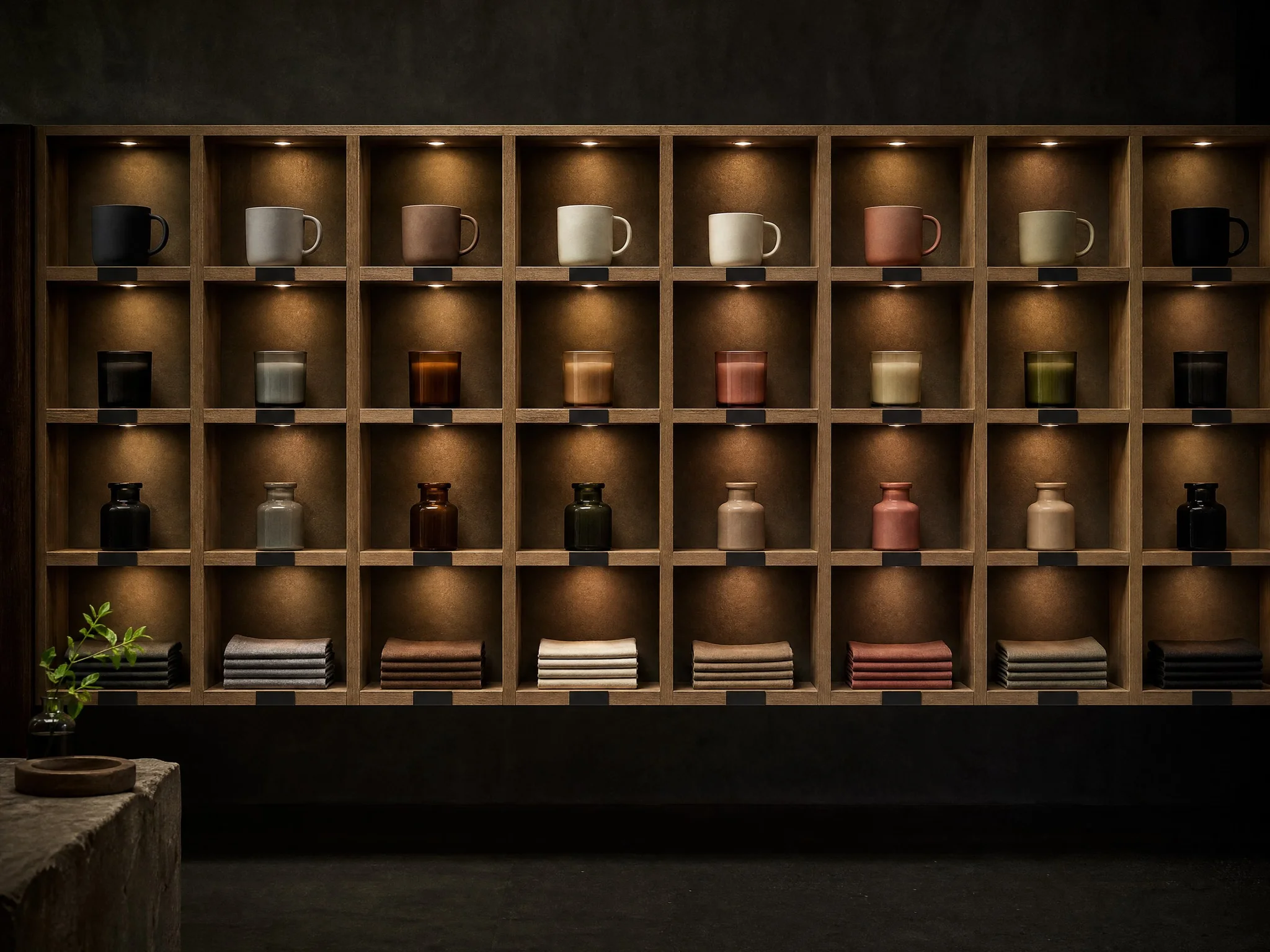 A neatly organised wall of products, representing Shopify product listing and management