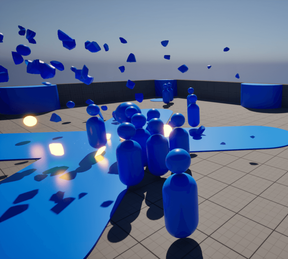 3D game scene showing a group of simple blue character figures clustered together as an explosion sends blue debris flying through the air, with bright flashes of light and fragments scattered across a grid-based arena.