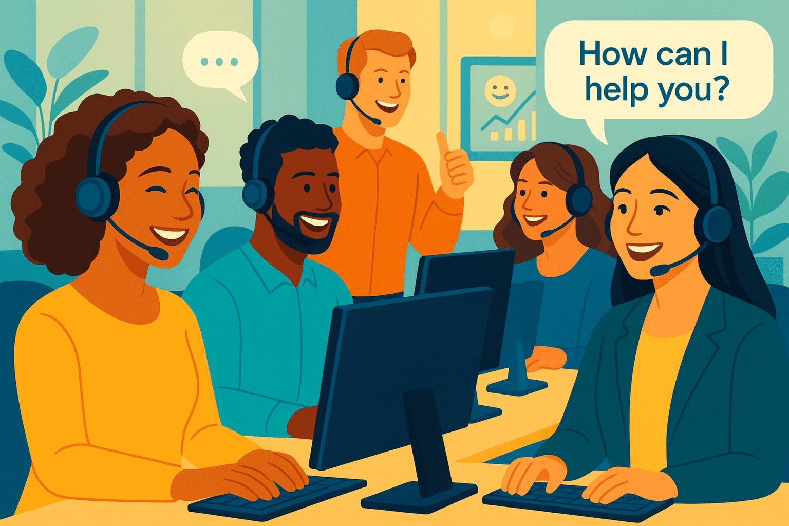Illustration of a diverse customer service team engaging with customers, highlighting the importance of training.