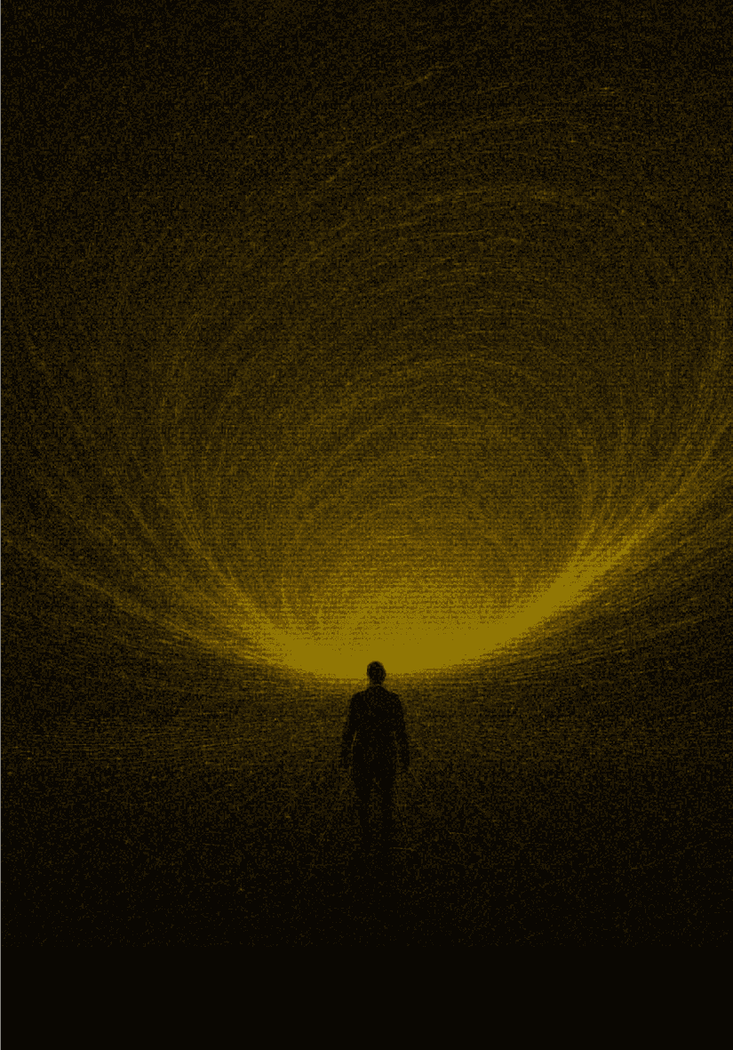 A solitary figure walking toward a swirling vortex of golden light in total darkness