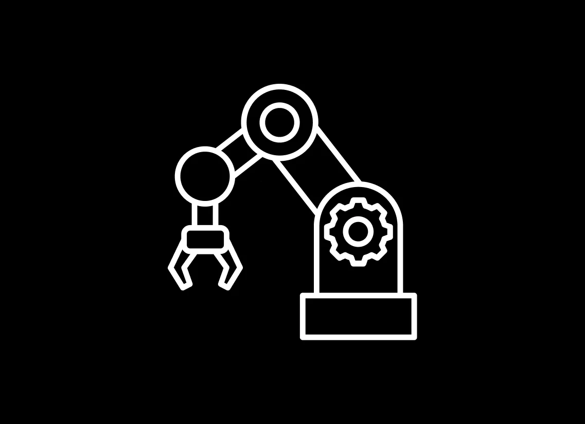 Line icon of a robotic arm and gear representing digital twins for manufacturing.