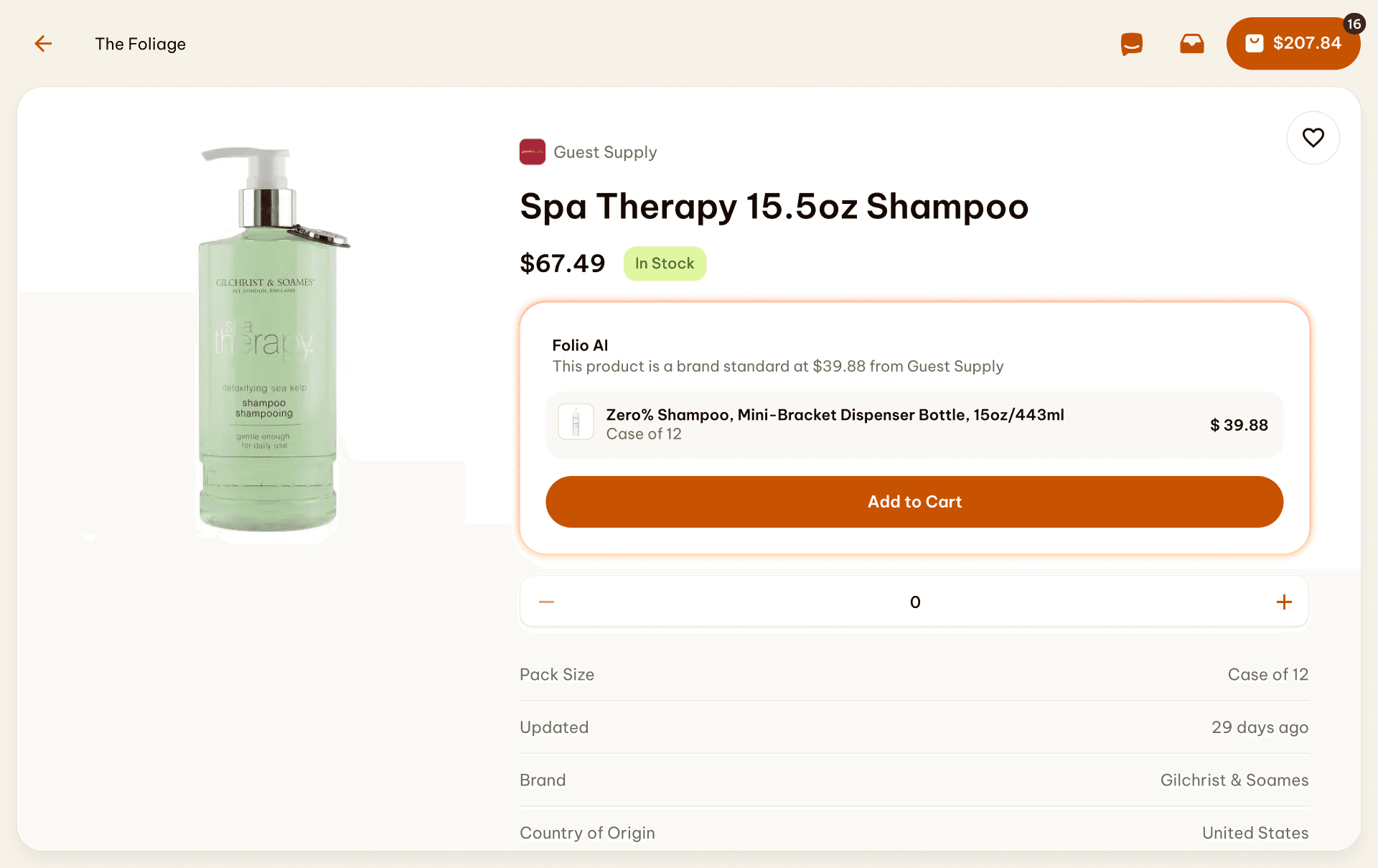 Folio AI suggesting a brand standard swap on a Spa Therapy shampoo product page