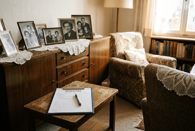 Wohnzimmer mit Familienfotos und Inventarliste auf dem Tisch vor der Wohnungsauflösung