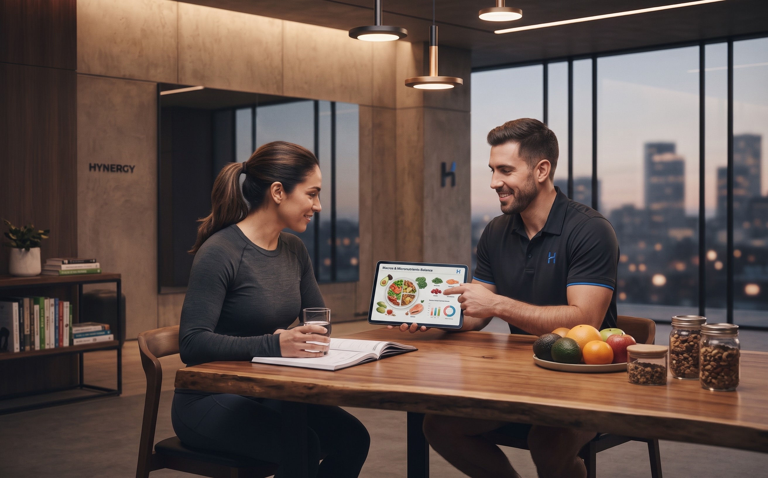 Nutrition coach pointing at a macro and micronutrient balance chart on a tablet screen during a consultation with a client.