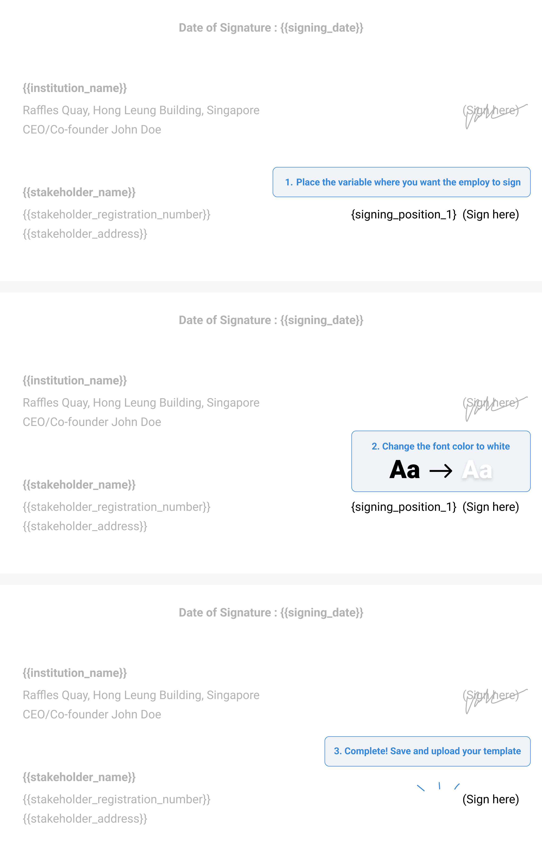  designate a position for an employee signature.