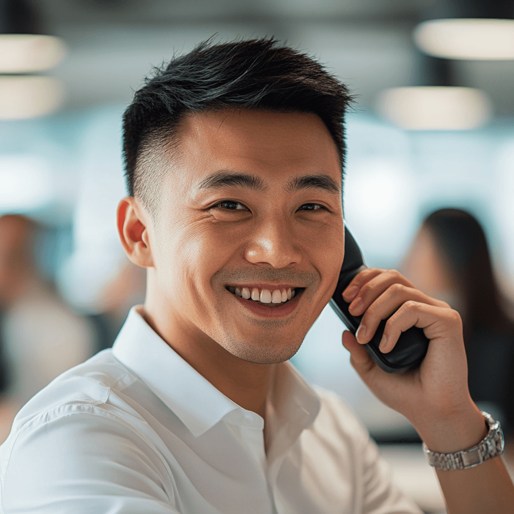 man grinning while in a call